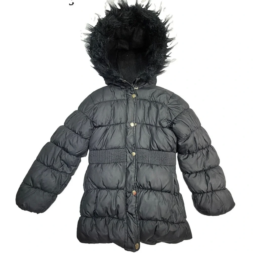 Juicy Couture Kids Girls S 7/8 Black Puffer Coat Faux Fur Hood Jacket
